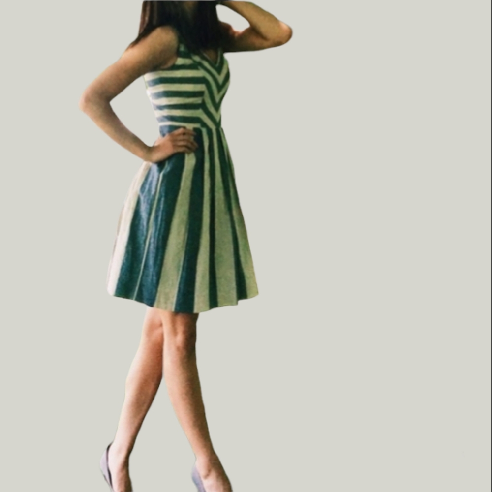 🆕ANTONIO MELANI Sleeveless Fitted Halter V-Neck Blue Cream Stripe Dress Flirty